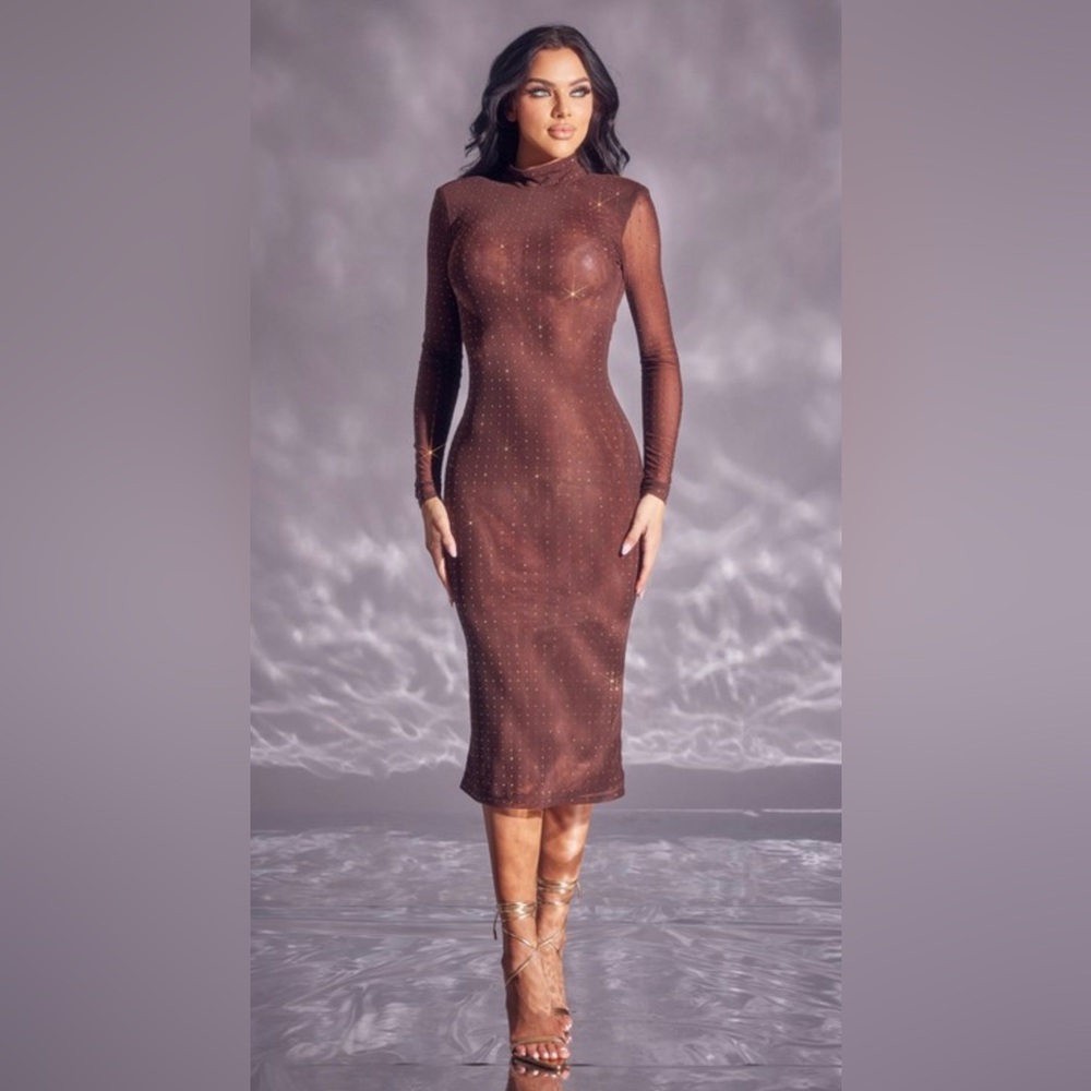 Brown with Gold Crystal Mock Neck Double Mesh Midi Dress - NWT